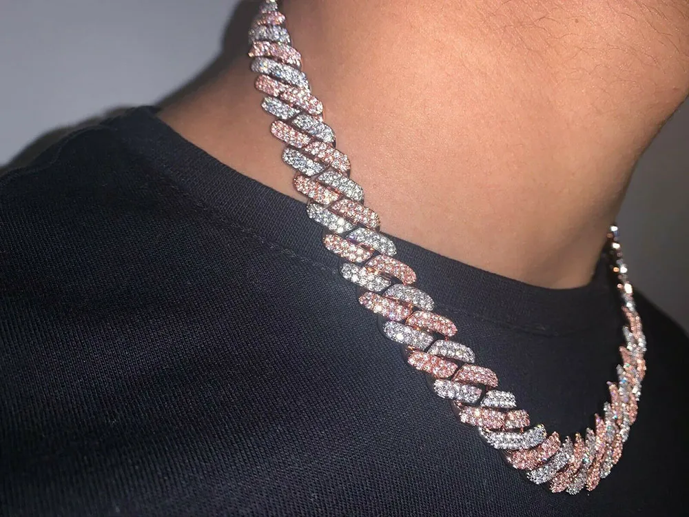 14mm Iced Pink cuban Link Prong Choker Necklace Silver rose Gold Cuban Link With White &Pink Diamonds Cubic Zirconia Jewelry 7inc265A