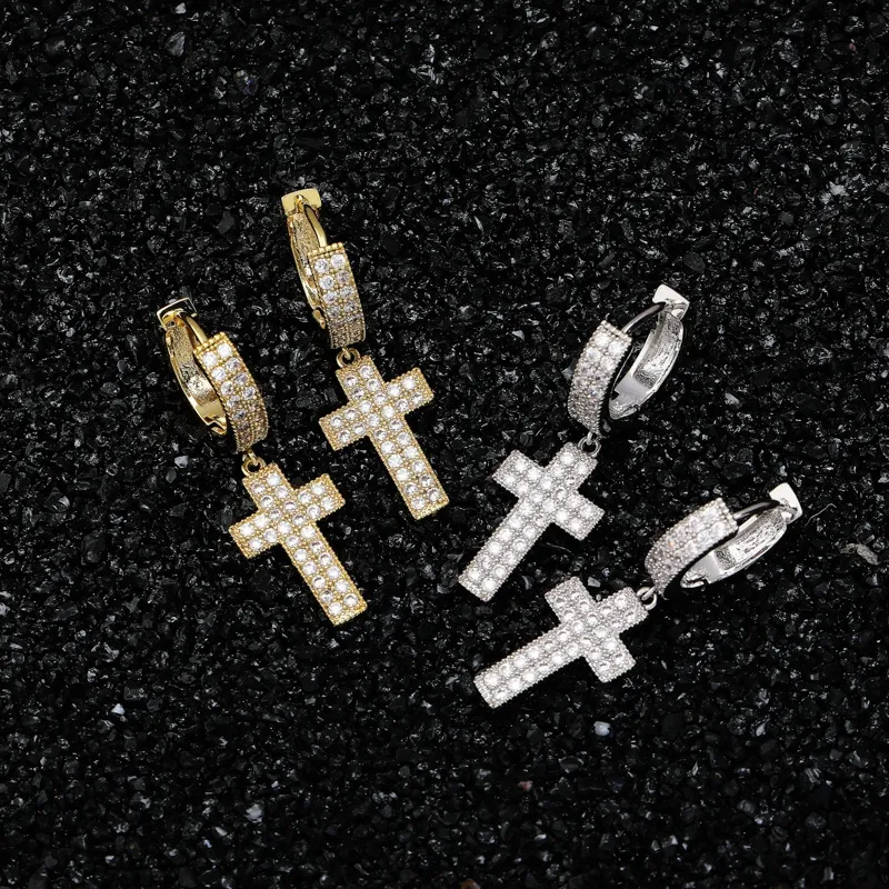 Hip hop croce pennagliere gioielli in oro d'oro d'argento maschile a doppia fila zircone orecchie 236s
