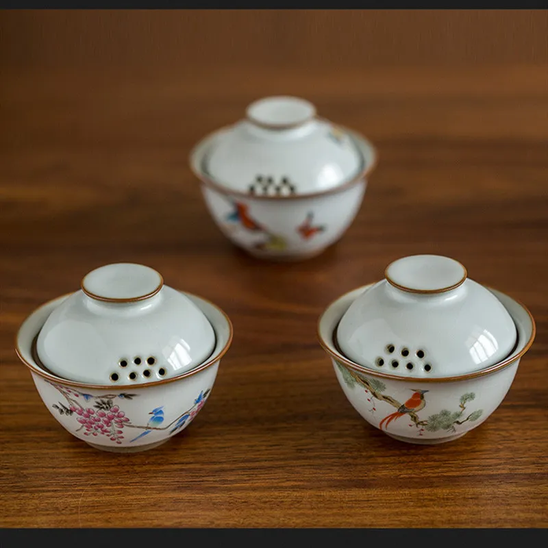 Ru Kiln Bird Gardon Gaiwan Retro Retro Three Pastrol Ceramic Tea Bowl Tureen Tureen Decord222p