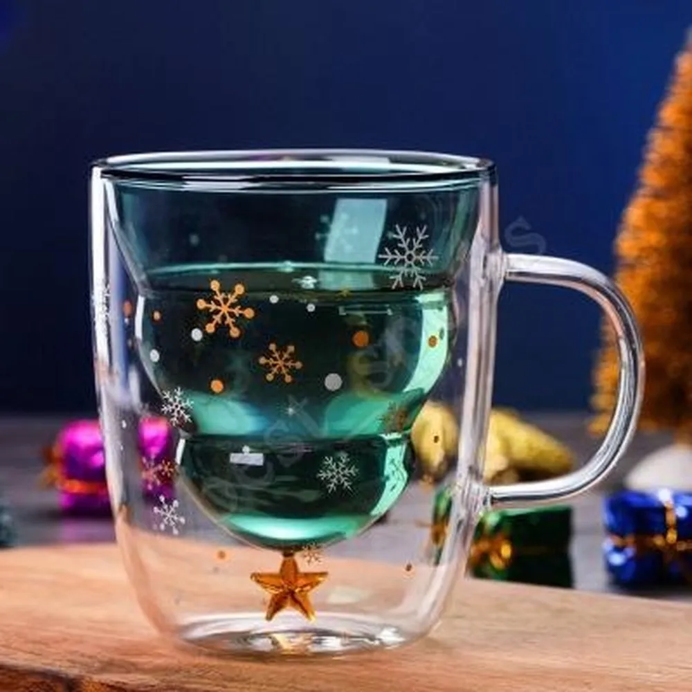 Weihnachtsbaumfestival Glas Becher Becher Hitzebeständige Doppelschicht Gläsern Bottes Frühstück Hafermehl Milk Cup Custom Trinken Mugglas Cup