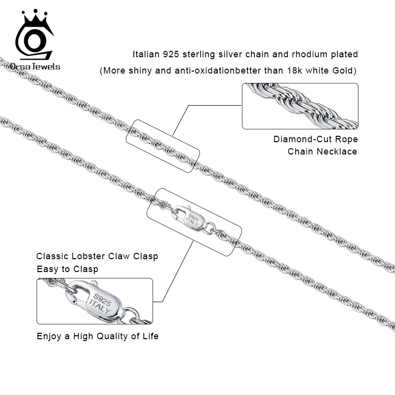 ORSA JUWELEN Diamant-geslepen touwketting kettingen echt 925 zilver 1 2 mm 1 5 mm 1 7 mm halsketting voor vrouwen mannen sieraden cadeau OSC292353