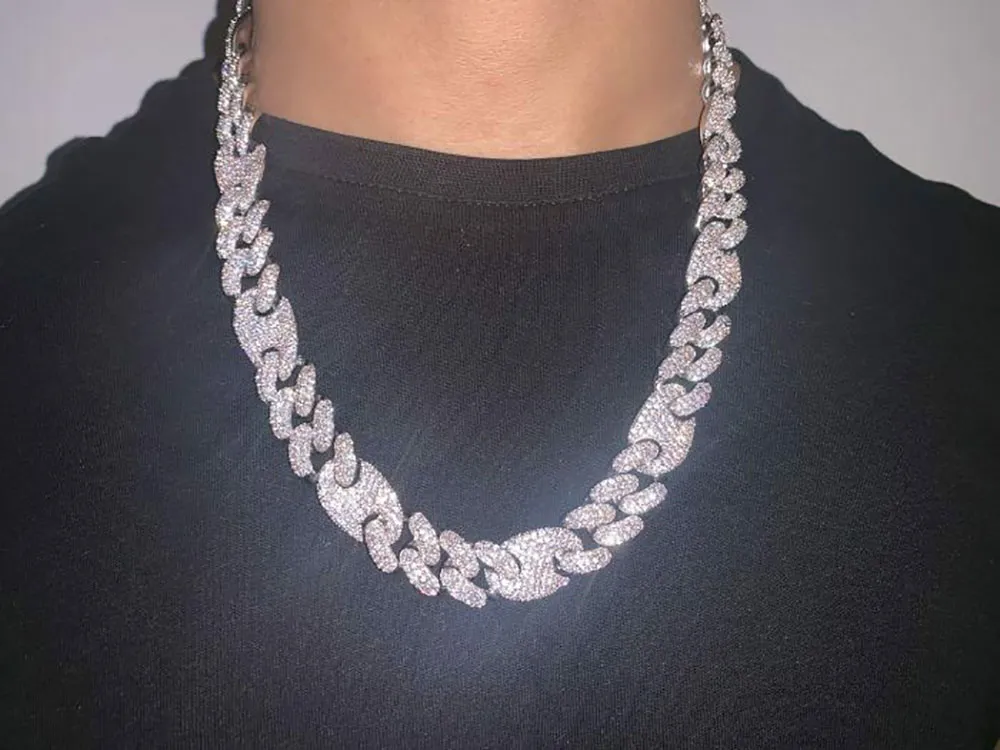 Collier chaîne en diamant à maillons ovales cubains glacés de 20 mm, plaqué or blanc 14 carats, bijoux en zircone cubique, 16 à 24 pouces, chaîne cubaine Mariner288O