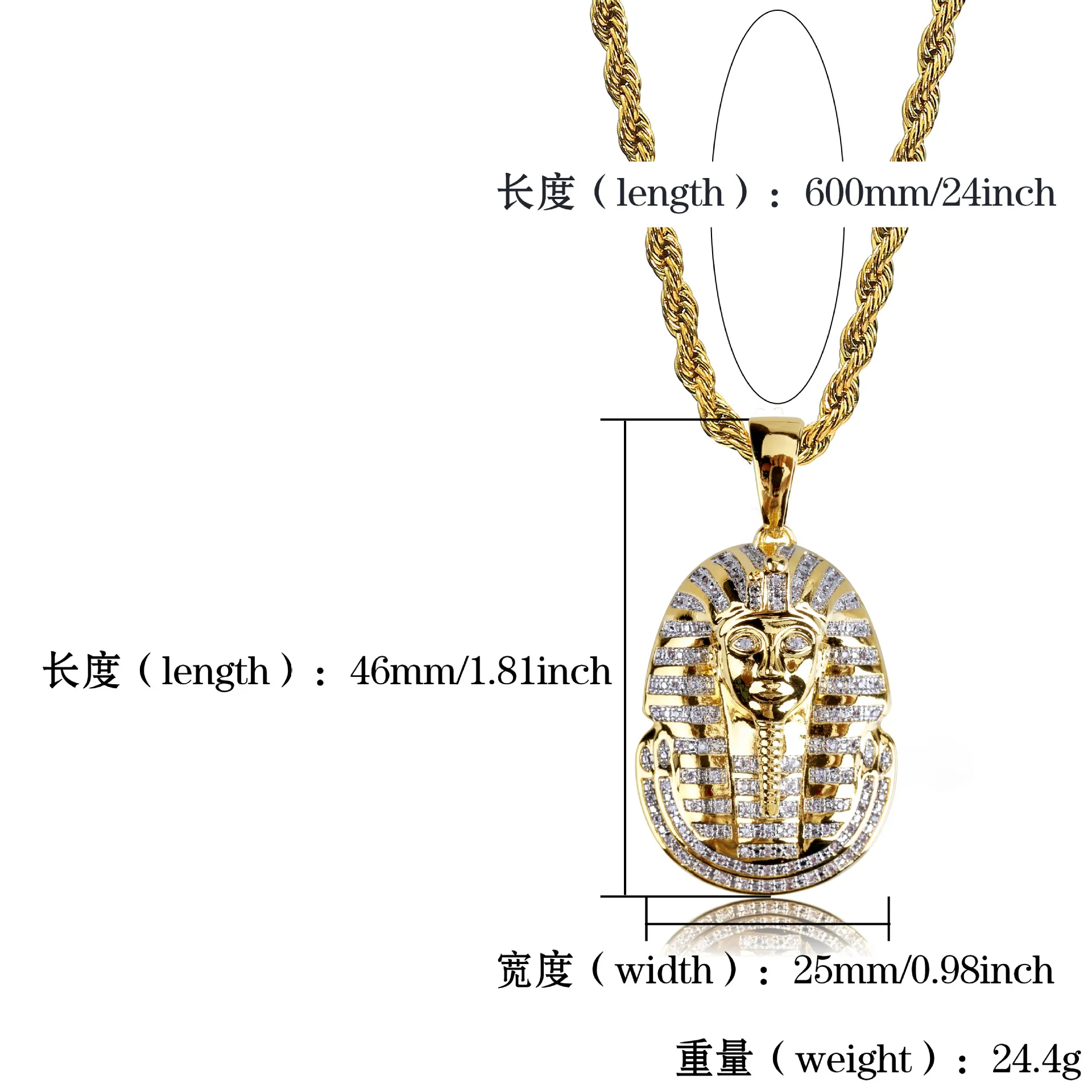 18k Gold Silver Iced Out Egyptian Farao Copper Crystal Zircon Diamonds Pendant Halsband Vakuumpläterade smycken Pop Necklace290b