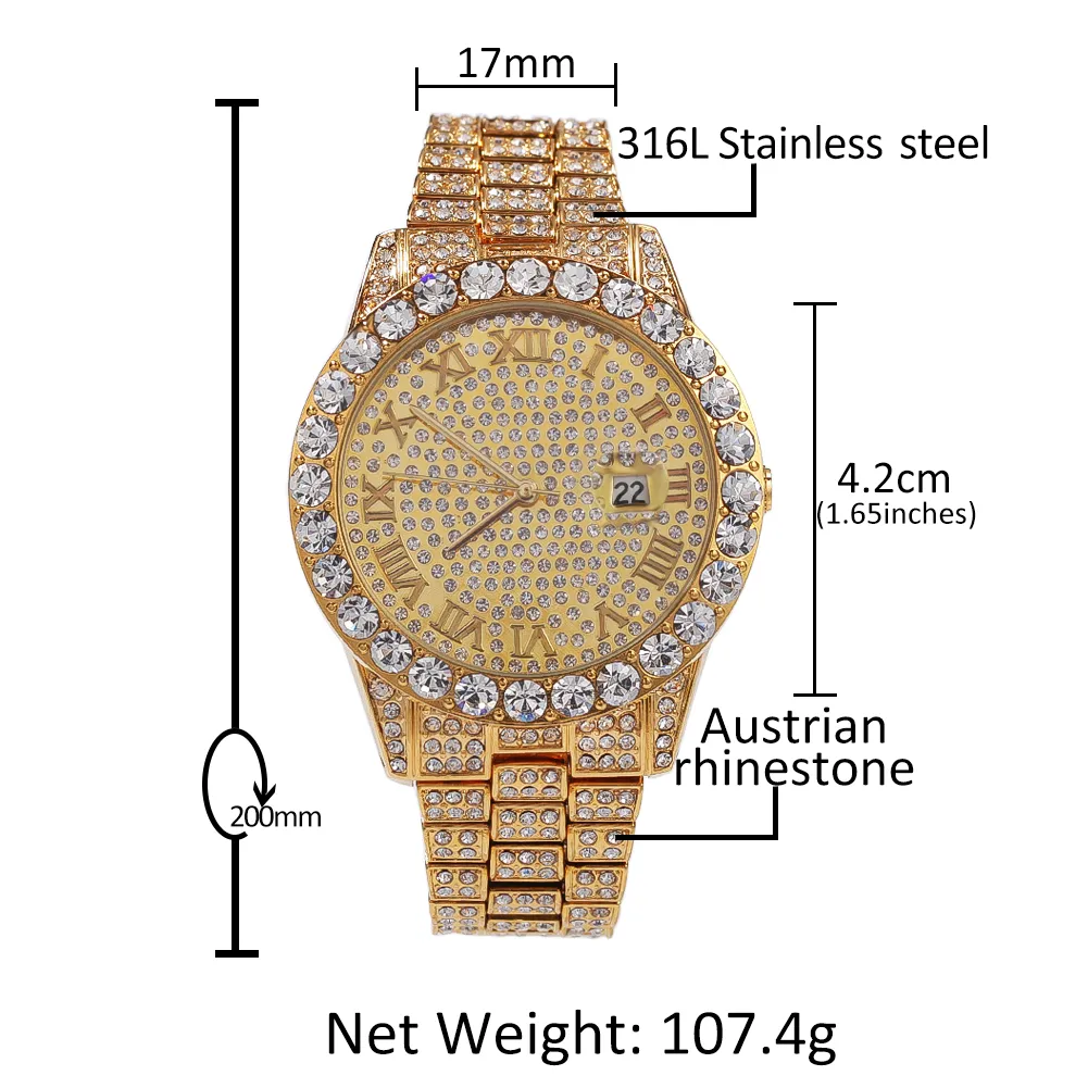 Новейшие рэп-часы, модные часы в стиле хип-хоп, панк, мужские высококачественные водонепроницаемые кварцевые часы с полной дрелью 206N
