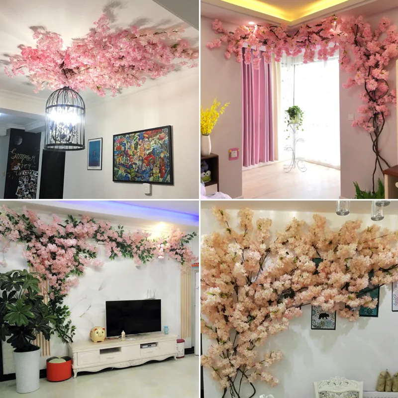 100cm Silk flowers Long-Peach Sakura Artificial flower Pink Wedding Decoration Cherry blossom branch for home Decor wedding Arch1288y