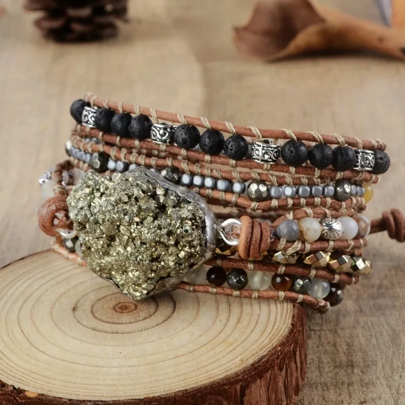 Bransoletka surowa pirytu Boho mieszana naturalne kamienie 5 pasm Bracelets ręcznie robiony pirytowy urok skórzany bransoletka Kobiety bransoletki CX205038705