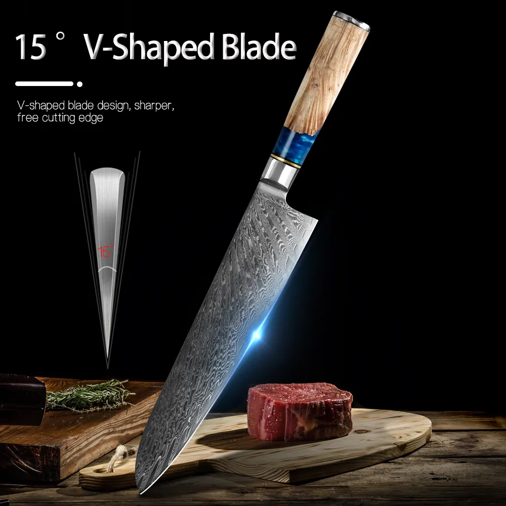 Mutfak Şef Bıçağı Gyuto Japon VG10 Damascus 67Layer Meat Claver Santoku Boning Balsası Balık Sebze Suşi Meyve Kesme Blu6766628