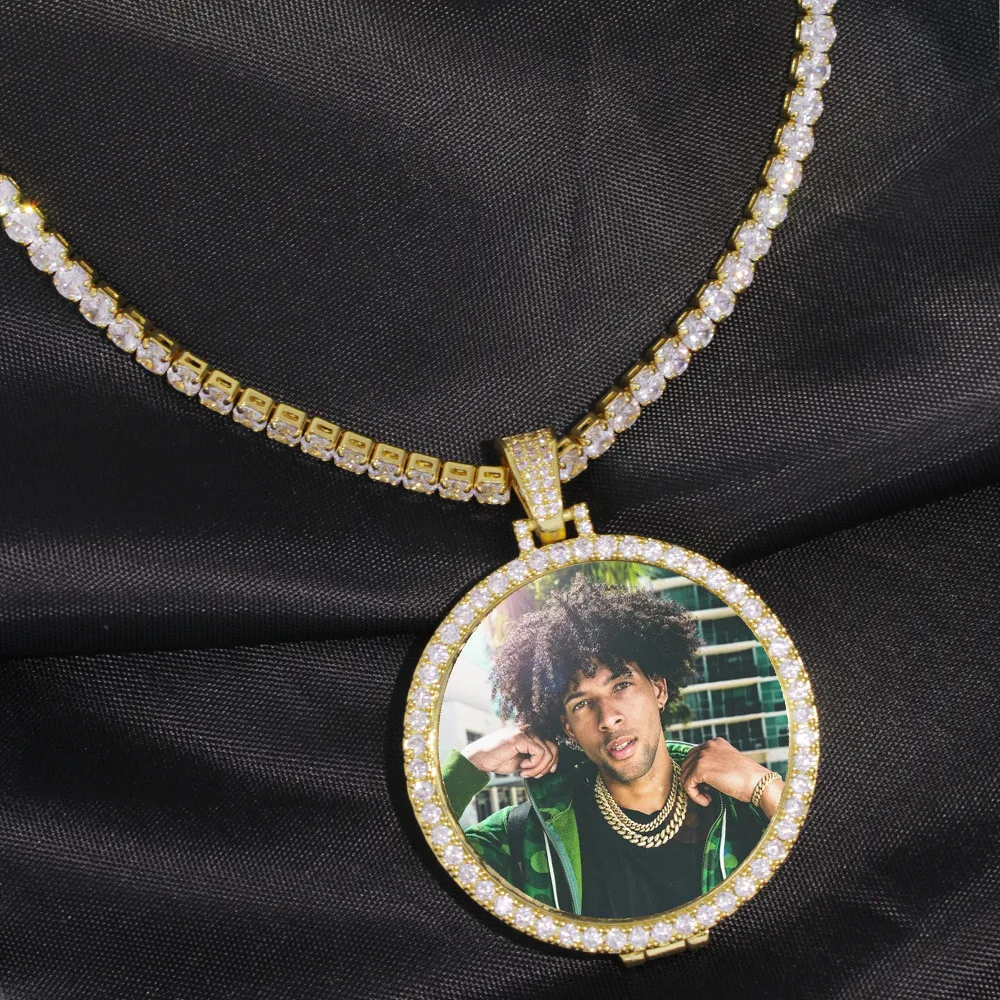 Redondo po personalizado medalhões po pingente imagem colar corrente de tênis cor ouro zircão cúbico masculino hip hop jóias 2835