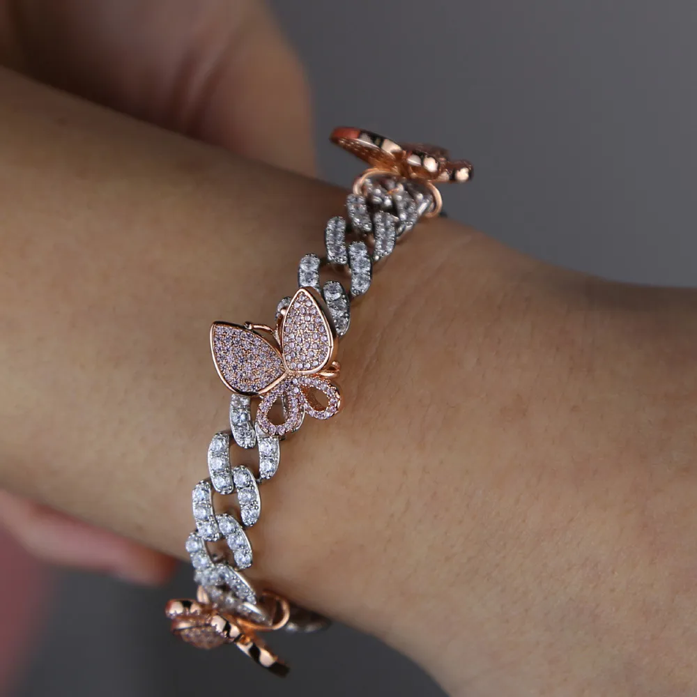 10mm Miami Cuban Link Chain Rose Pink Butterfly Charm Iced Out CZ CUBAN