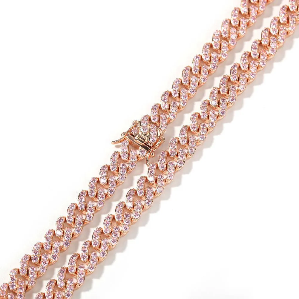 9mm Iced Out Women Choker Necklace Rose Gold Metal Cuban Link Full With Pink Cubic Zirconia Stones Chain Jewelry2523