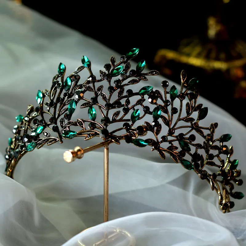 Luxury Baroque Black Green Crystal Leaf Bridal Crown Tiaras Rhinestone Crowns Infantis Brides Headbands Wedding Hair Accessories Y332e