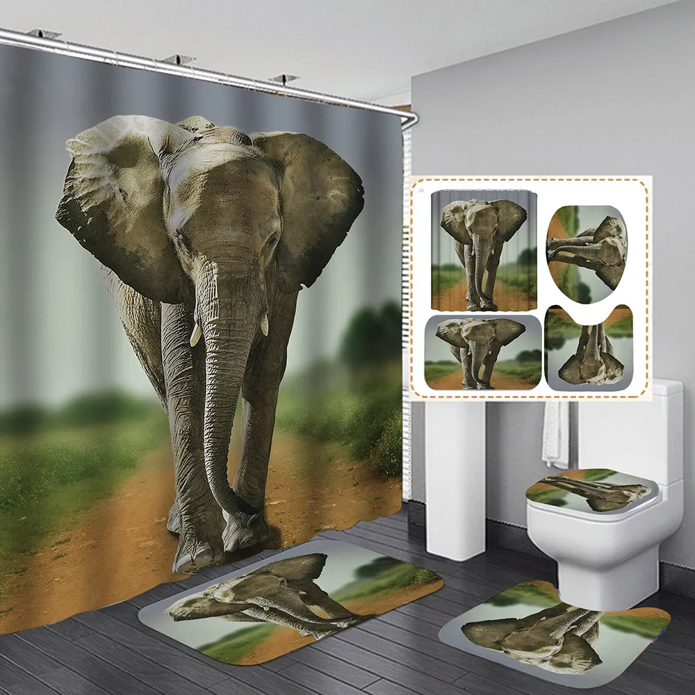 Цвет воды Слонный душ занавесу Полиэстер 4 кусочка набор для ванной комнаты для ковров