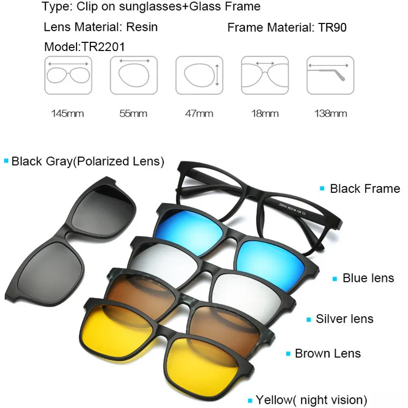 TR90 sur hommes femmes magnétiques aimant Clip optique myopie lunettes cadre avec 5 lunettes de soleil lentille Y2006192633