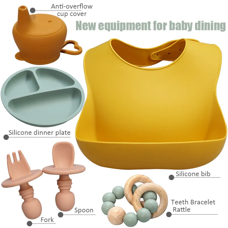 6 pièces ensemble cadeau BPA de qualité alimentaire bébé Silicone bavoir fourchette cuillère plats assiette bol bébé alimentation fournitures nouveau-né accessoires Y2007104056865