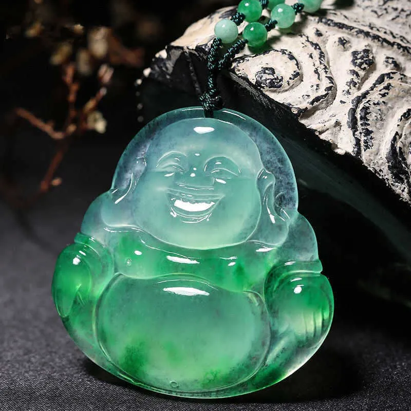 Maitreya bouddha statue sculpté jade pendentif naturel chinois blanc vert jade sourire collier bijoux 237q