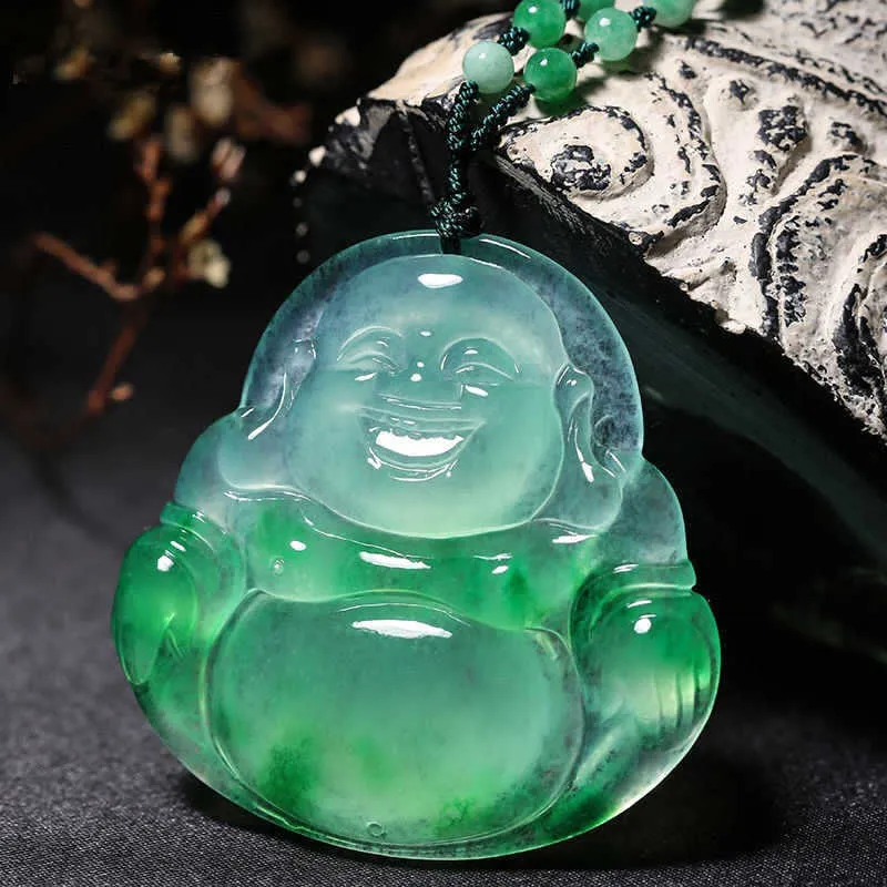 MAITREYA BUDDHA STATURE SCARVED JADE PENDANT NATUAL NATUAL Collier de jade vert blanc chinois 2265077