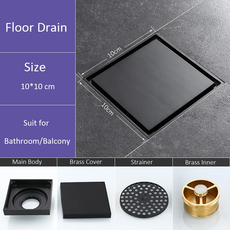 quyanre wanfan gappo matte black Anti-odor Floor Waste Grates Shower Drain Black Bathroom Floor Drain Tile Insert 100% Brass Bathroom Accessory