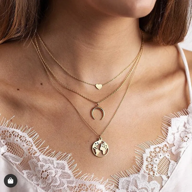Women Bohemian heart Crescent Map Style Pendant Necklace Creative Retro Alloy Metal Multilayer Clavicle Chain Fashion Jewelry