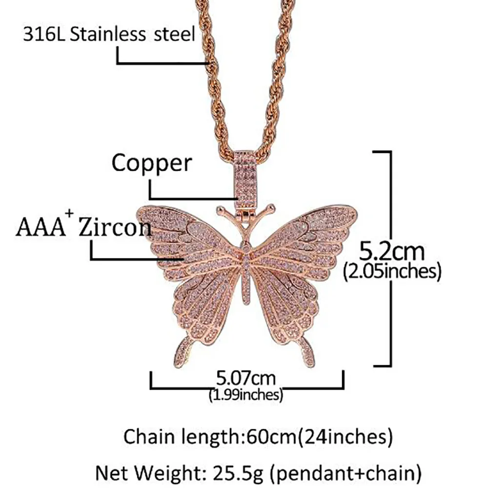 14K Iced Out Butterfly Pendant Necklace 9mm Pink Cuban Chain Cubic Charm Pink Tennis Chain Necklace Zircon Men Hiphop Jewelry2131