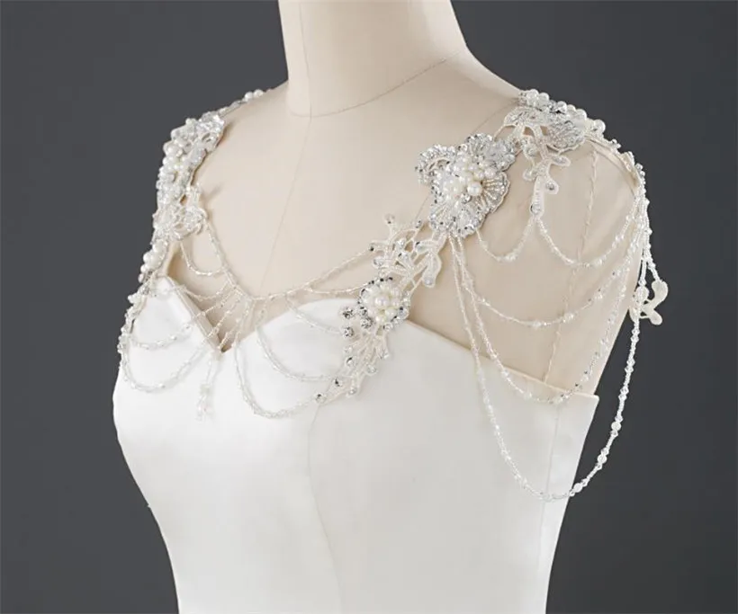 Mariage mariée dentelle Wrap collier perles perles corps complet épaule chaîne robe veste perles cristaux boléro blanc charmant Orname279s