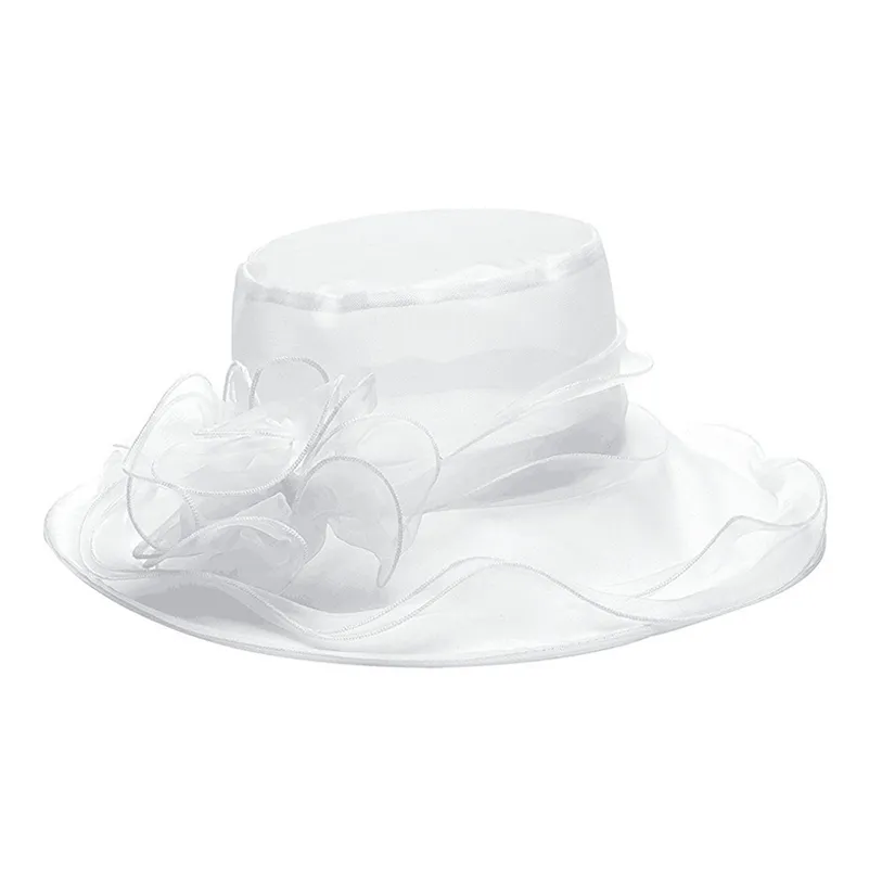 Lawliet weiße Sommerhüte für Damen, Organza, breite Krempe, für Sonne, Kentucky Derby, Hochzeit, Kirche, Party, Blumenhut, Kappe A002, Y200619239H