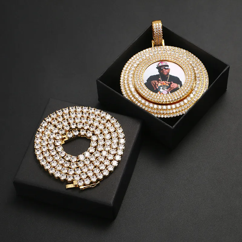 Grand Spin rond personnalisé image mémoire médaillons solide pendentif collier glace plein de cristal hommes Hip Hop Pers253E