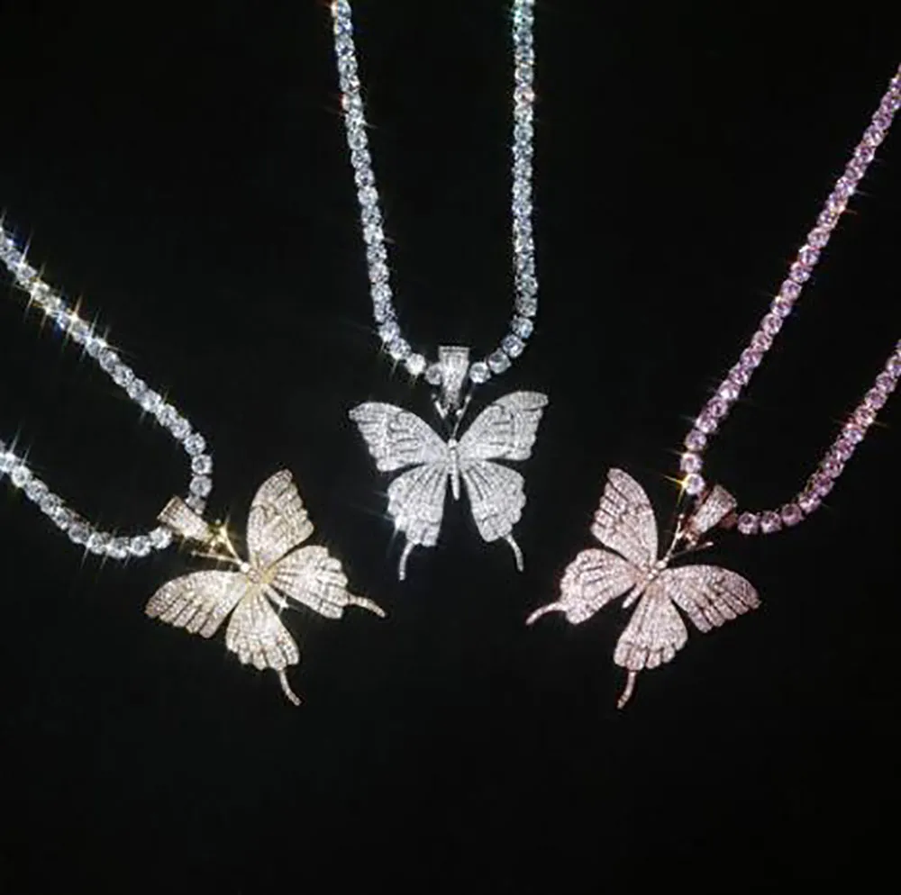 14K Iced Out Butterfly Pendant Necklace 9mm Pink Cuban Chain Cubic Charm Pink Tennis Chain Necklace Zircon Men Hiphop Jewelry2131
