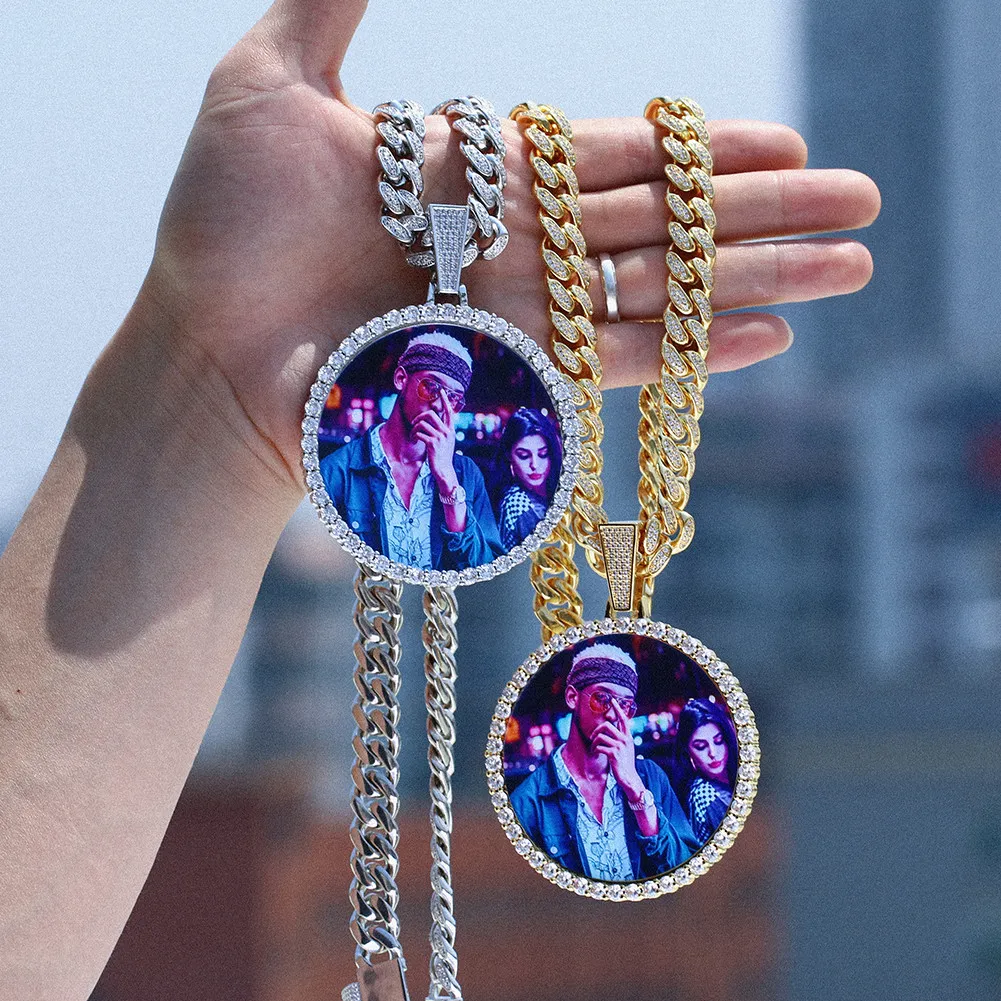 Nouveau surdimensionné grand rond personnalisé photo pendentif collier personnalité hommes Hip Hop bijoux exagération Rap Style cubique zirconi232v