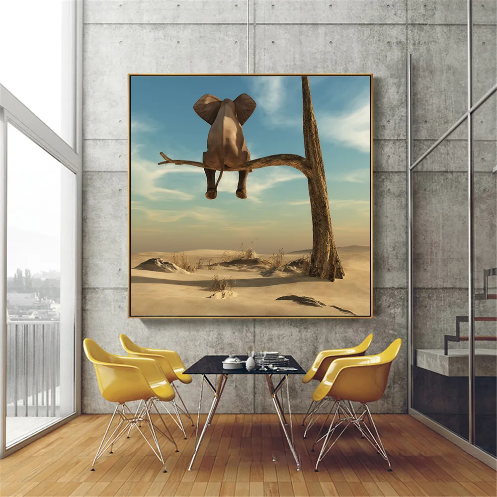 Immagini di arte della parete moderna e minimalista tela pittura divertente elefante albero stile nordico poster stampe decorazioni la casa camera dei bambini immagine4966494