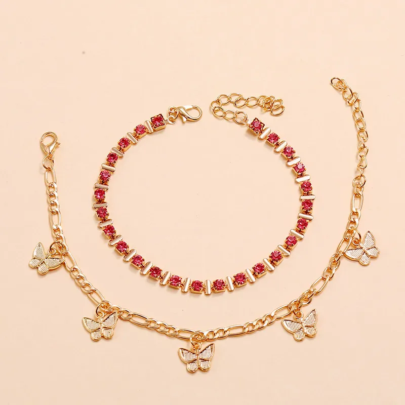 set Pink Crystal Stone Butterfly Pendant Anklets for Women Geometric Foot Chain Summer Jewelry Gifts319K