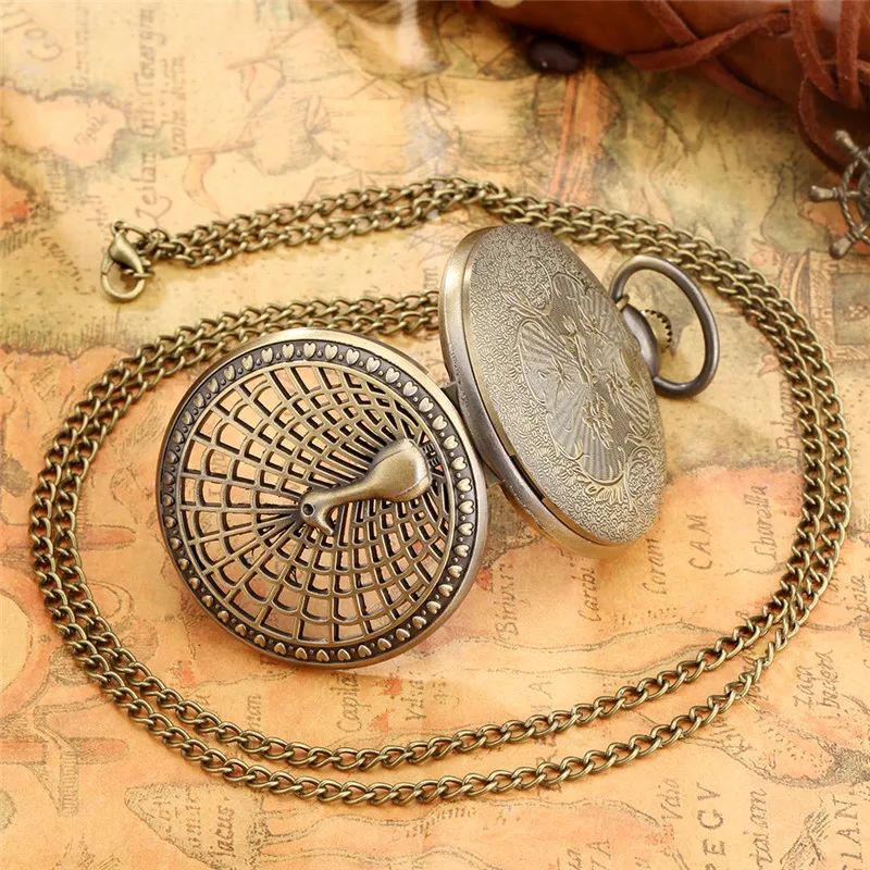 Bronze creux paon boîtier montres hommes femmes montre de poche à quartz affichage analogique avec collier pull chaîne cadeaux montre de poche283T
