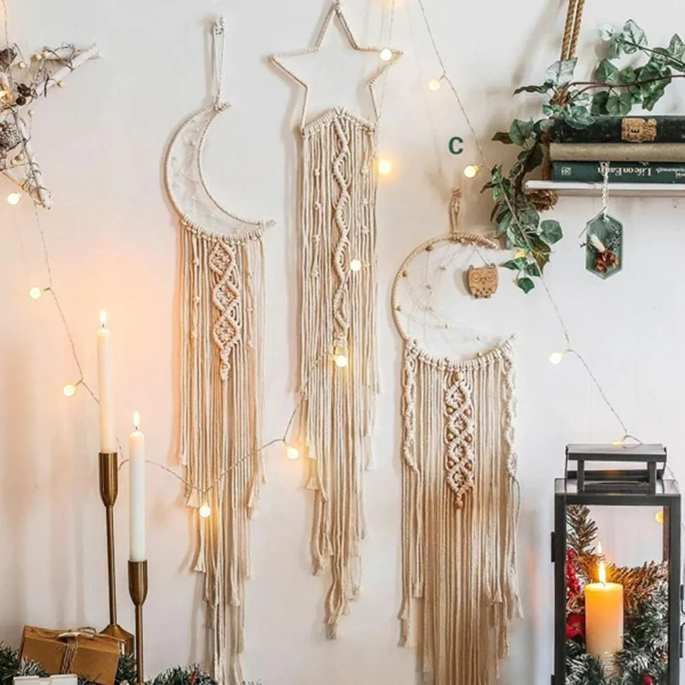 Nordic estrela lua macrame parede pendurado macrame sonho apanhadores boho decoração do quarto tapeçaria pendurado presentes308m