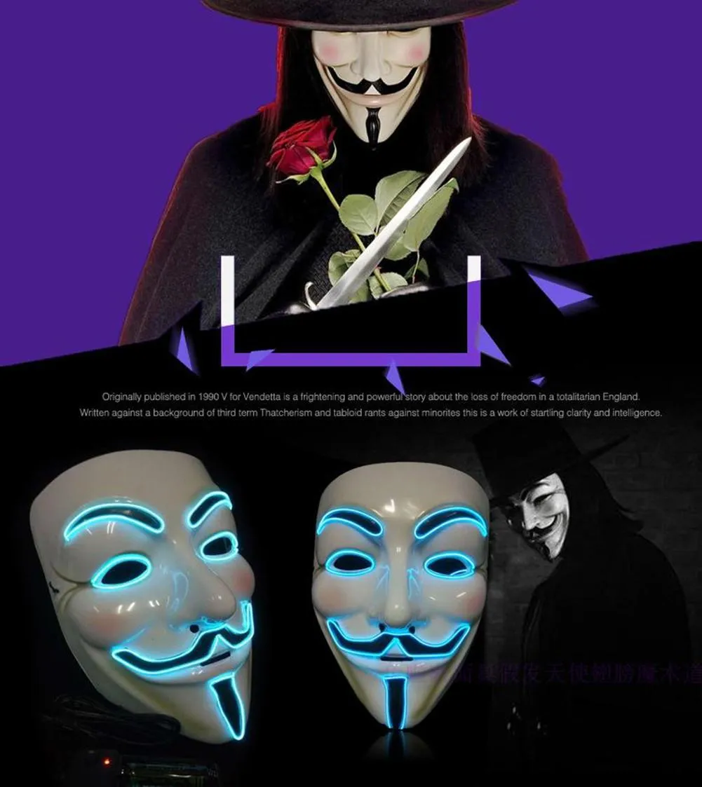 Máscara de néon v para vendetta rímel led guy fawkes máscara máscaras festa rímel halloween brilhante masker luz maska scary266a