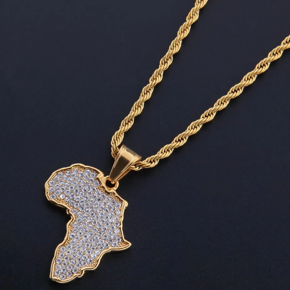 Hip Hop African Maps Full Drill Pendant Necklaces 14kK Gold Plated Set Auger Crystal Stainless Steel Necklace Mens Women Jewelry G2885