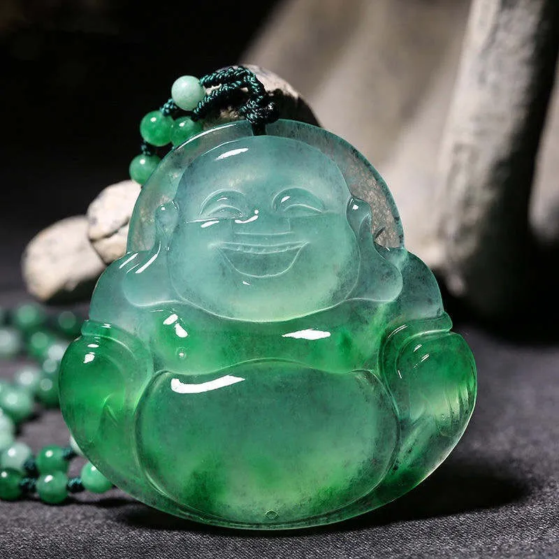 Estatua de Buda Maitreya, colgante de jade tallado, collar con sonrisa de jade verde blanco chino natural, joyería 2814