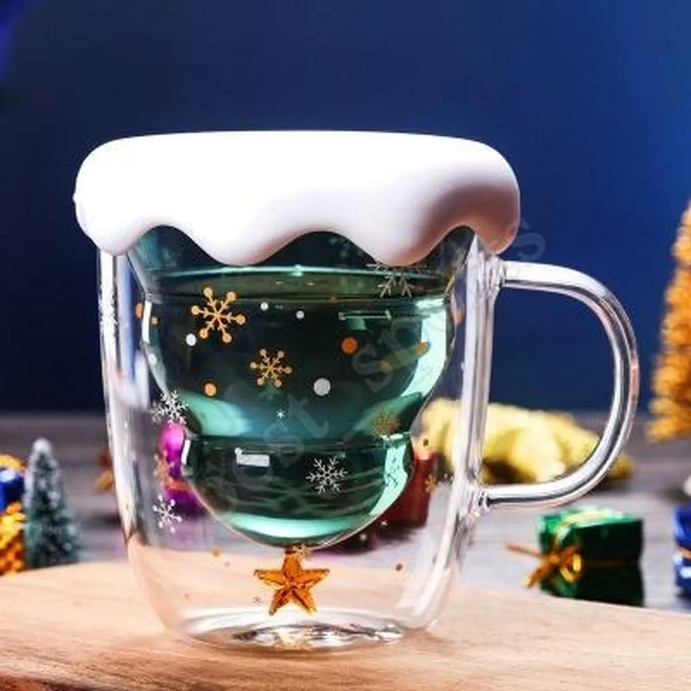 クリスマスツリーフェスティバルガラスカップマグス耐熱二重層メガネボト朝食オートミールミルクカップカスタム飲酒マグラスカップ