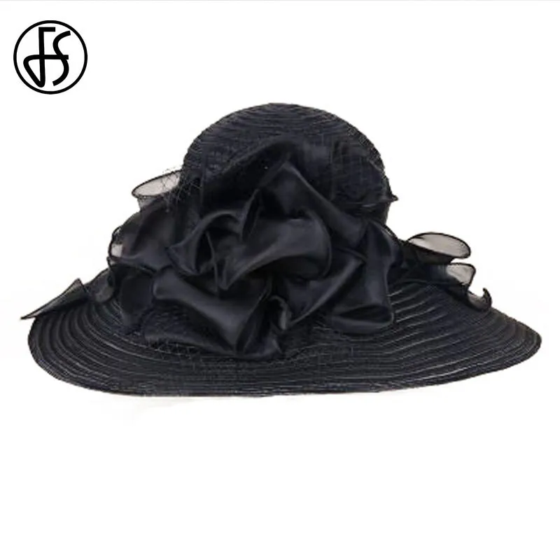 Fs czarne eleganckie kobiety kapelusze kościelne dla kobiet letnie kwiaty duże brzegi organza hat plaży Sun Kentucky Derby Hat Fedora CX20277z