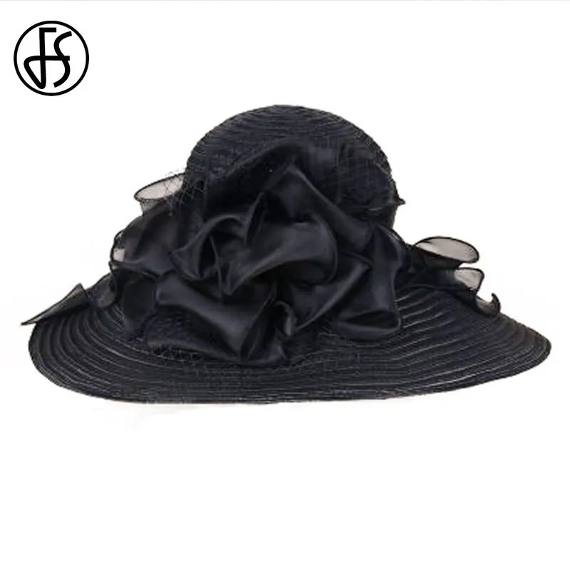 FS Negro Blanco Mujeres elegantes Sombreros de iglesia para damas Flores de verano Sombrero de organza de ala grande Playa Sol Kentucky Derby Sombrero Fedora CX202324