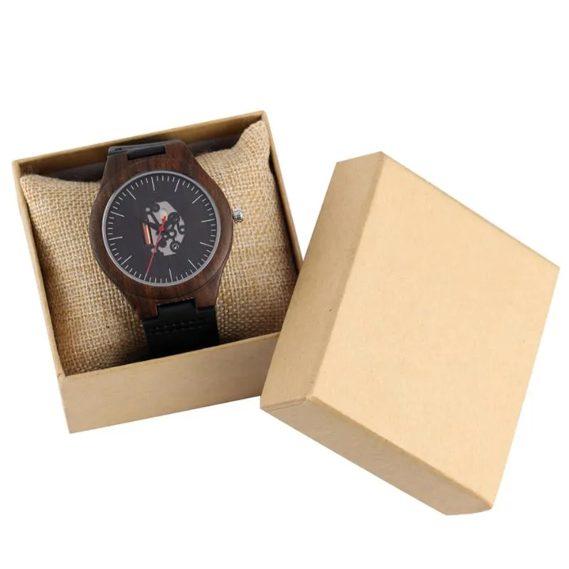 REDFIRE gravure irrégulière cadran creux montre en bois d'ébène hommes mouvement à Quartz noir en cuir véritable montre-bracelet pour hommes boucle ardillon 248F