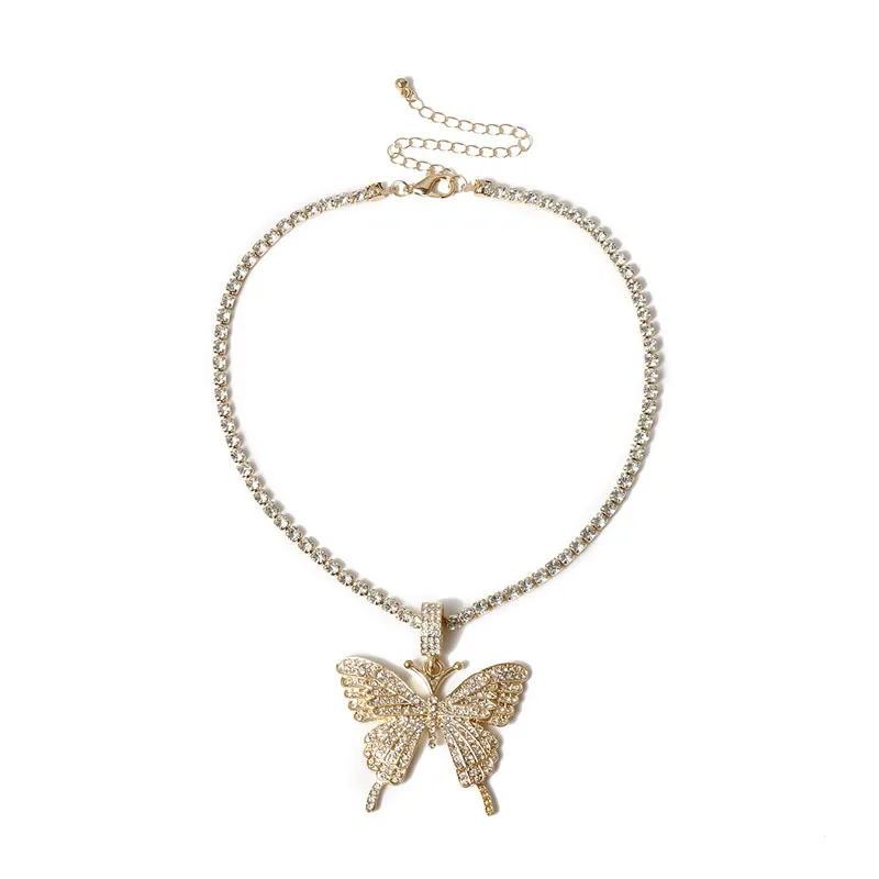Statment Big Butterfly Pendant Necklace Hip Hop Iced Out Rhinestone Chain for Women Bling Tennis Chain Crystal Animal Choker Jewel8514270
