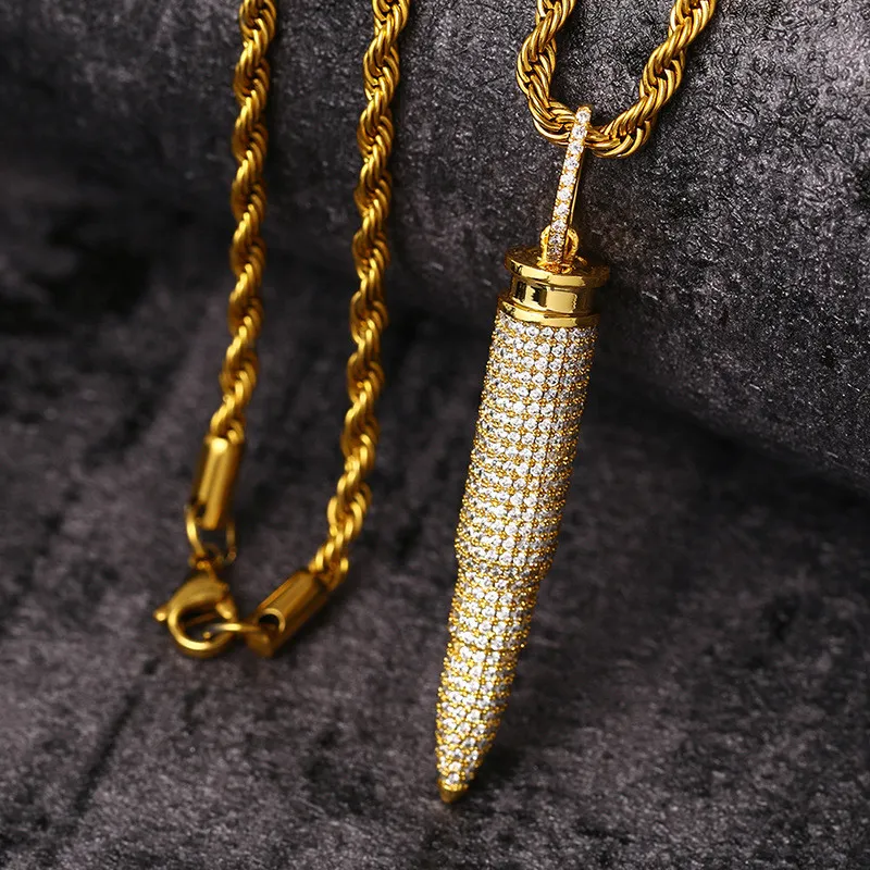 Мужское крутое ожерелье в стиле хип-хоп золотого, серебряного цвета с подвеской в форме пули CZ, ожерелье с 24-дюймовой веревочной цепочкой, хороший подарок319C