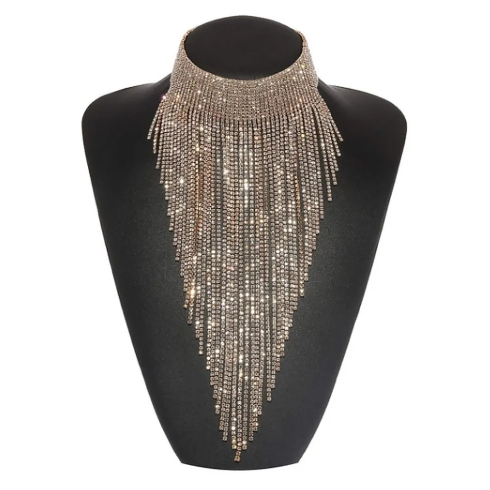 Многослойное длинное блестящее ожерелье с кисточками со стразами для женщин, ожерелье-колье с хрустальным воротником, цепочка, ювелирное изделие, эффектное ожерелье C8985307