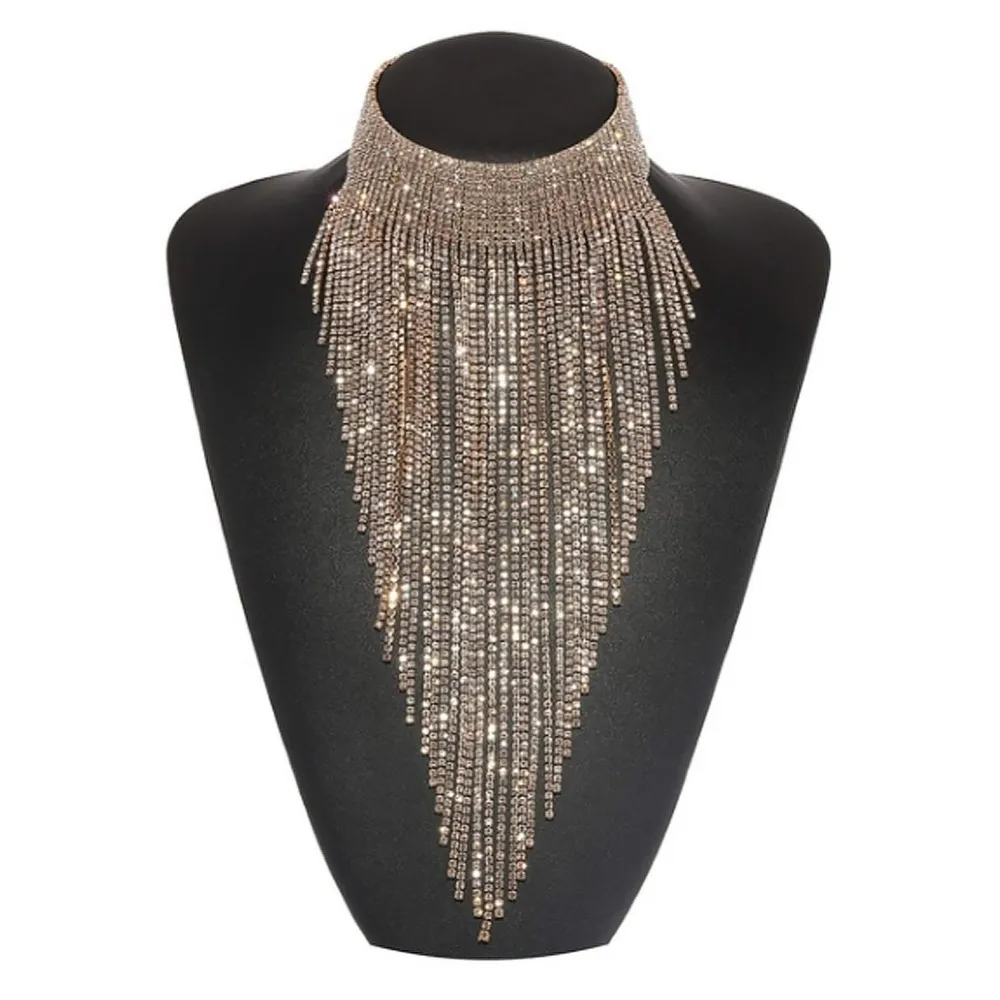 Multilayers Full Rhinestone Long Shiny Tassel Necklace For Women Crystal Collar Choker Necklace Chain Jewelry Statement Necklace C8985307