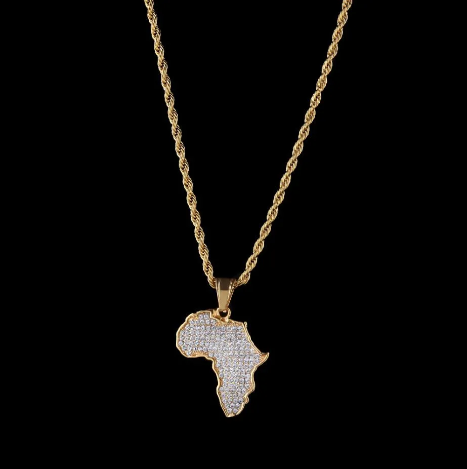 Hip Hop Afrikaanse kaarten volledige boor hanger kettingen 14kK vergulde set Auger Crystal roestvrij stalen ketting heren vrouwen sieraden G3221