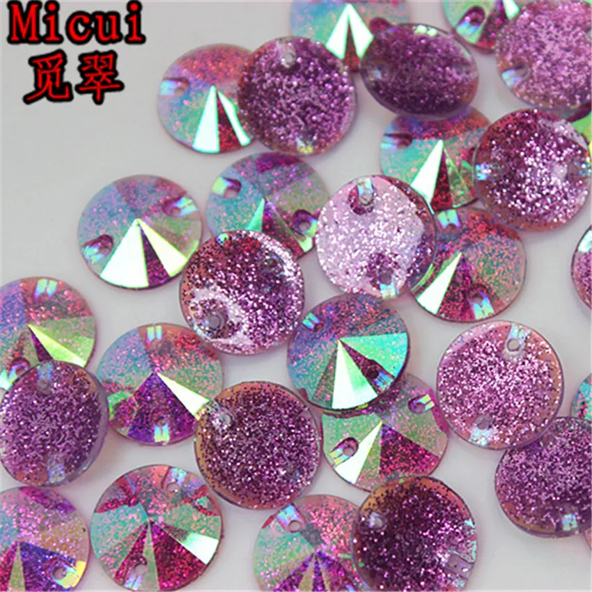 Micui 100 Stück 16 mm runde AB-Farbharz-Strass-Kristallsteine mit flacher Rückseite zum Aufnähen mit 2 Löchern für Kleid und Kleidungsstück ZZ697219Y