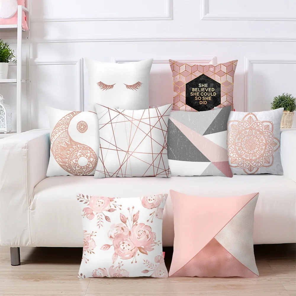 Caja de almohada geométrica rosa cubierta de cojín cuadrado Cubierta de almohada de tiro de poliéster para sofá Decorativa y decoración del hogar 45x45cm
