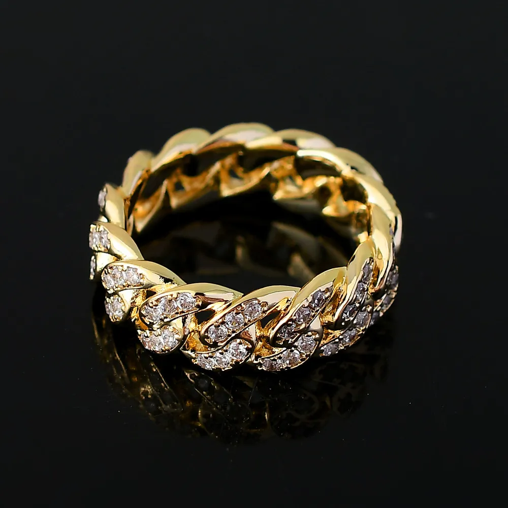 Anillo de Hip Hop helado de 8mm para hombres y mujeres, anillo de circón dorado y plateado, anillo con forma de cadena cubana, tamaño 6-11, 200C