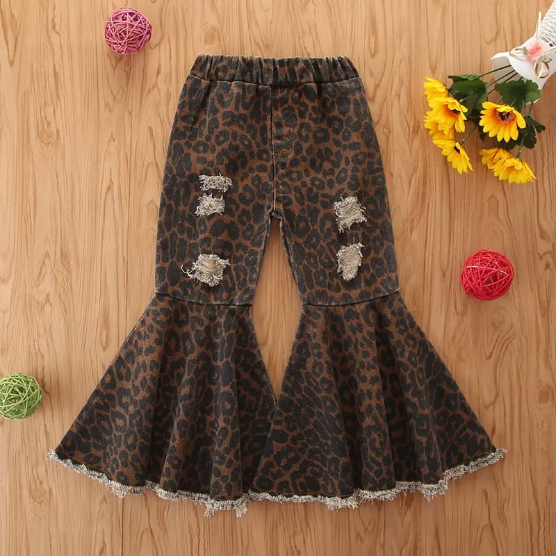 Sonbahar kış yürümeye başlayan kız kravat boya bellbottom trouser noel çocuk leopar deliği fırfır deim pant çocuk gündelik jean legging clot5647905