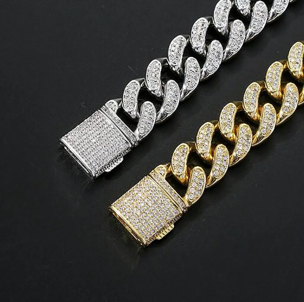15mm Iced Miami Cuban Link Diamond Chain Necklace 14K White Gold Plated Cubic Zirconia Jewelry 7Inch-24Inch Gifts291V