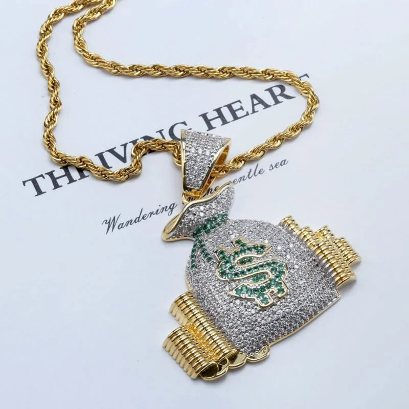 US Money Bag Stack Cash Coins Pendant Halsband Guld Iced Out Bling Cubic Zircon Necklace Men Hip Hop Jewelry233M